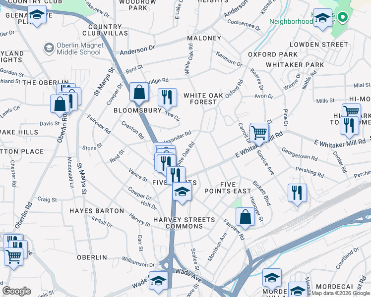 map of restaurants, bars, coffee shops, grocery stores, and more near 1825 White Oak Road in Raleigh