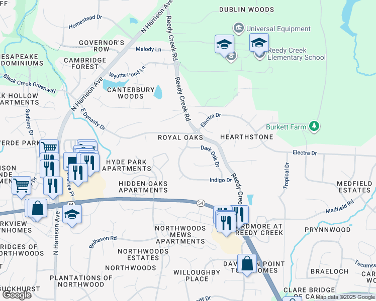 map of restaurants, bars, coffee shops, grocery stores, and more near 102 Dark Oak Drive in Cary