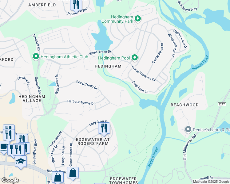map of restaurants, bars, coffee shops, grocery stores, and more near 1614 Oakland Hills Way in Raleigh
