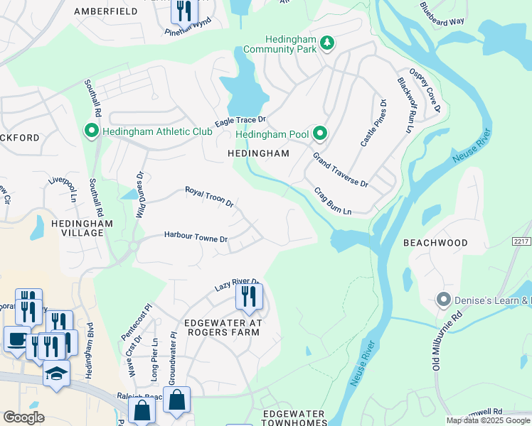 map of restaurants, bars, coffee shops, grocery stores, and more near 1611 Oakland Hills Way in Raleigh