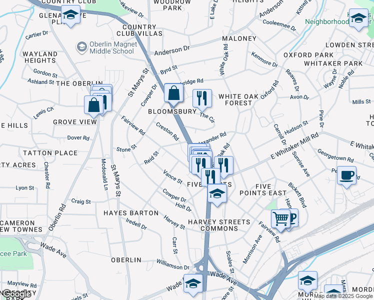 map of restaurants, bars, coffee shops, grocery stores, and more near 1827 Glenwood Avenue in Raleigh