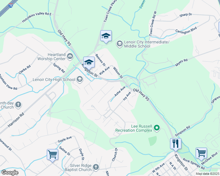 map of restaurants, bars, coffee shops, grocery stores, and more near 121 Ash Avenue in Lenoir City