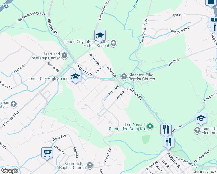 map of restaurants, bars, coffee shops, grocery stores, and more near 121 Ash Avenue in Lenoir City