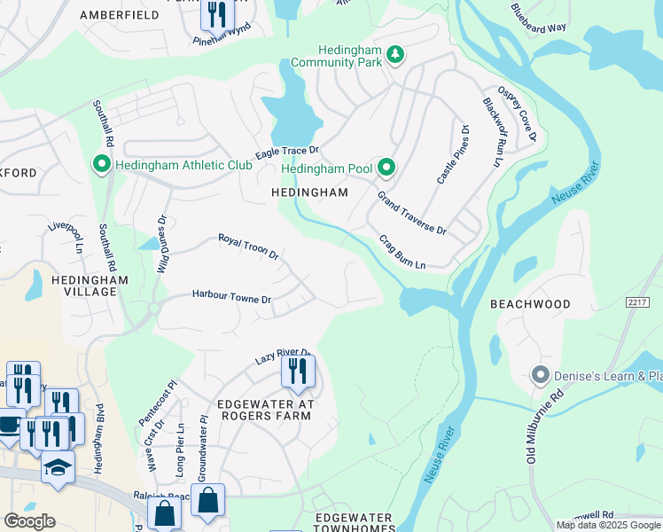 map of restaurants, bars, coffee shops, grocery stores, and more near 1614 Oakland Hills Way in Raleigh