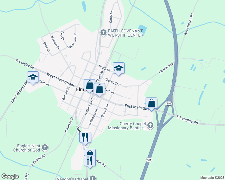 map of restaurants, bars, coffee shops, grocery stores, and more near 204 Branch Street in Elm City