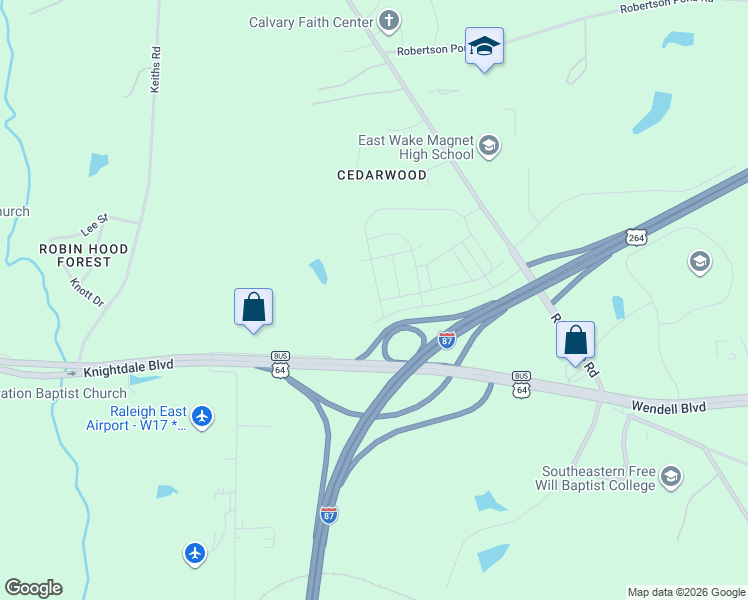 map of restaurants, bars, coffee shops, grocery stores, and more near 9021 U.S. 64 in Knightdale