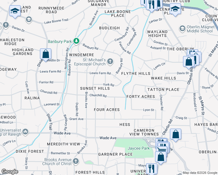 map of restaurants, bars, coffee shops, grocery stores, and more near 2533 York Road in Raleigh