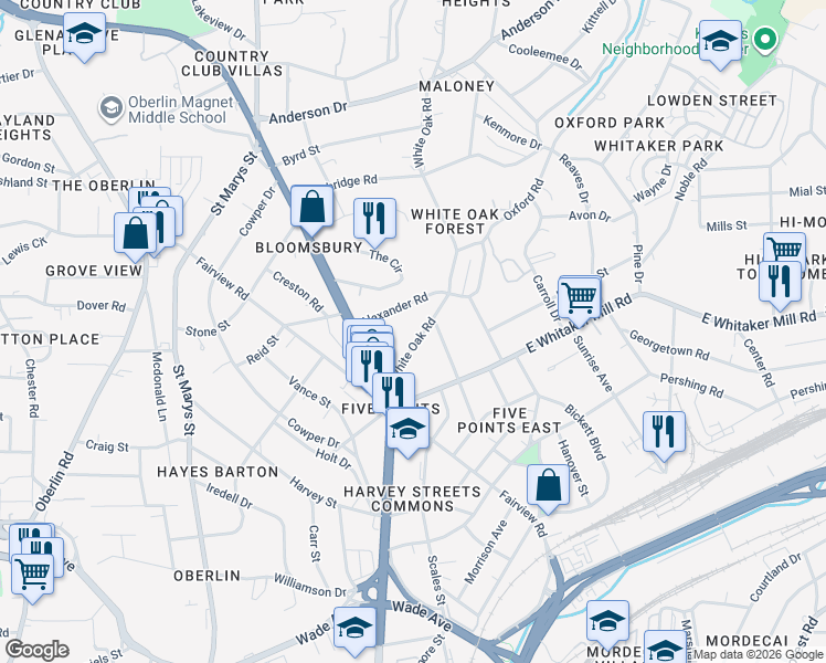 map of restaurants, bars, coffee shops, grocery stores, and more near 1825 White Oak Road in Raleigh