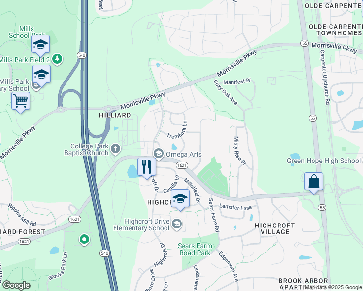 map of restaurants, bars, coffee shops, grocery stores, and more near 4016 Sykes Street in Cary
