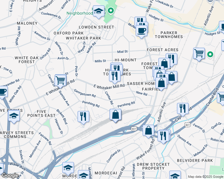 map of restaurants, bars, coffee shops, grocery stores, and more near 606 East Whitaker Mill Road in Raleigh