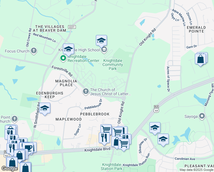 map of restaurants, bars, coffee shops, grocery stores, and more near Barlow Drive in Knightdale