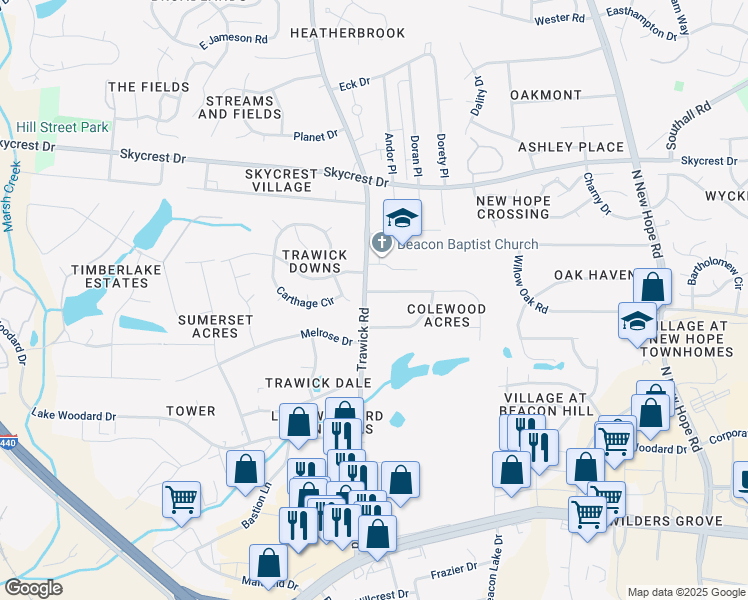 map of restaurants, bars, coffee shops, grocery stores, and more near 2014 Trawick Rd in Raleigh
