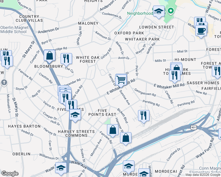 map of restaurants, bars, coffee shops, grocery stores, and more near 109 East Whitaker Mill Road in Raleigh