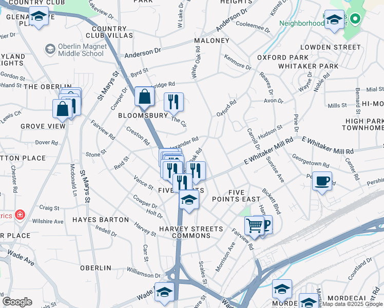 map of restaurants, bars, coffee shops, grocery stores, and more near 1825 White Oak Road in Raleigh