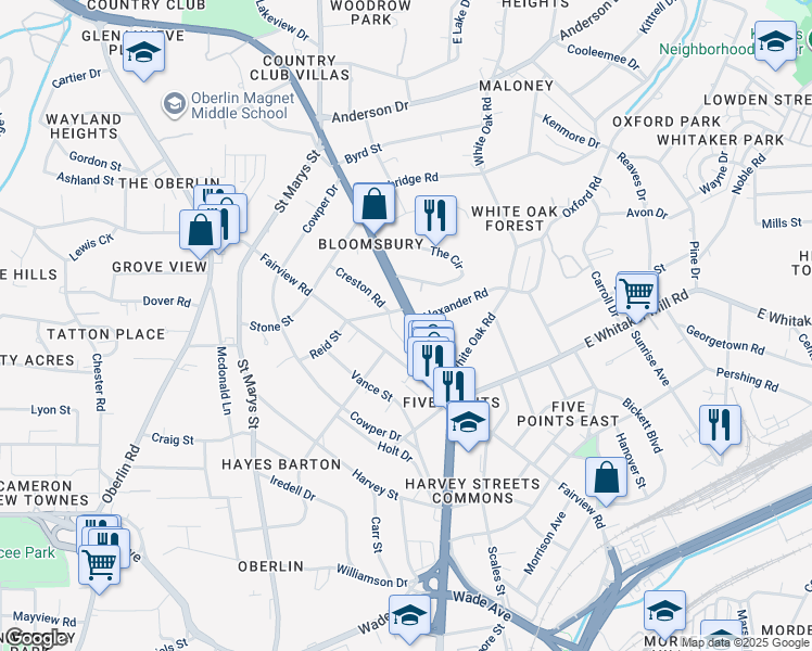 map of restaurants, bars, coffee shops, grocery stores, and more near 1827 Glenwood Avenue in Raleigh