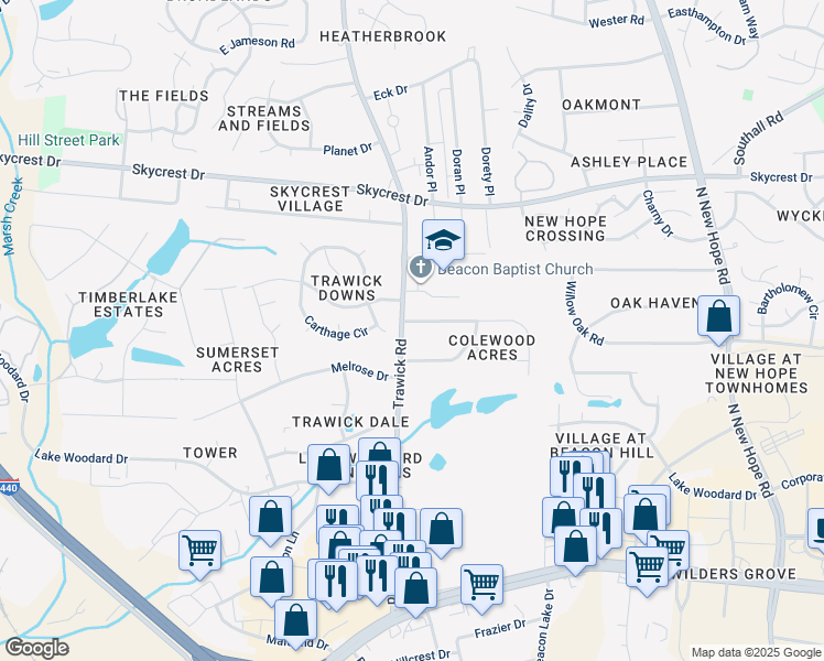 map of restaurants, bars, coffee shops, grocery stores, and more near 2014 Trawick Rd in Raleigh