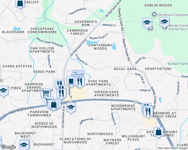map of restaurants, bars, coffee shops, grocery stores, and more near 107 Bishop Court in Cary