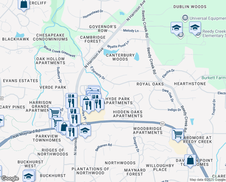 map of restaurants, bars, coffee shops, grocery stores, and more near 107 Bishop Court in Cary