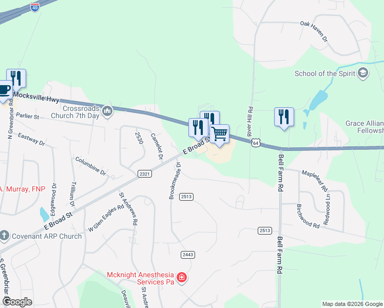 map of restaurants, bars, coffee shops, grocery stores, and more near 3436 East Broad Street in Statesville