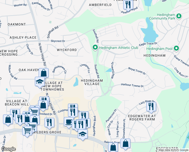 map of restaurants, bars, coffee shops, grocery stores, and more near 4713 Dillingham Court in Raleigh