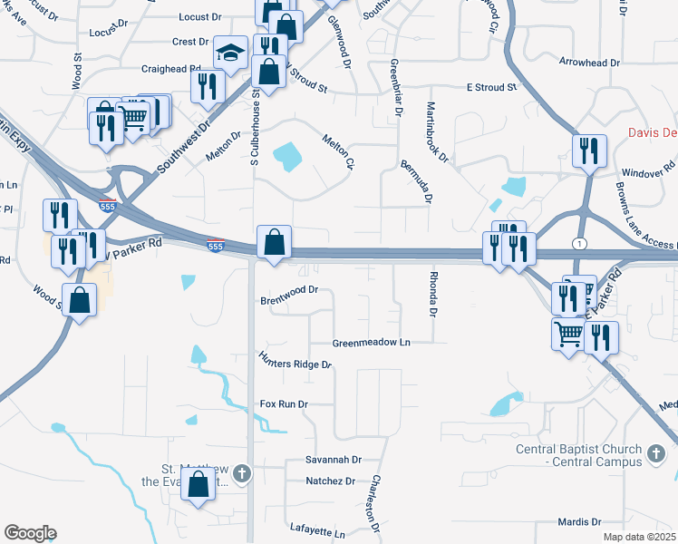 map of restaurants, bars, coffee shops, grocery stores, and more near 409 West Parker Road in Jonesboro