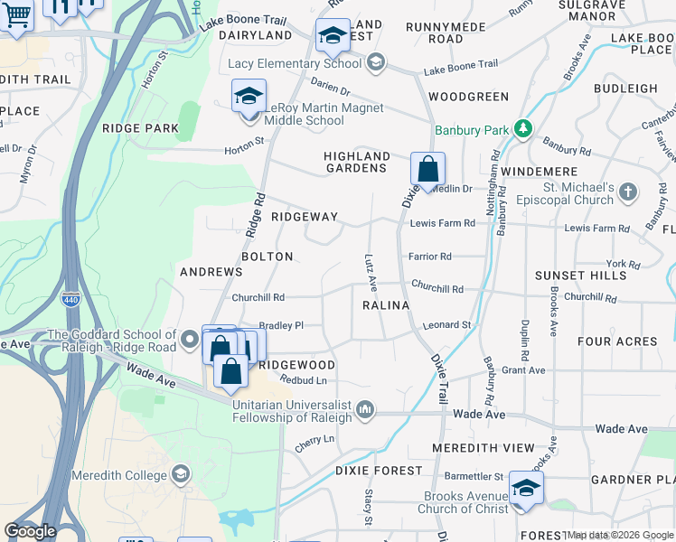 map of restaurants, bars, coffee shops, grocery stores, and more near 1412 Dogwood Lane in Raleigh