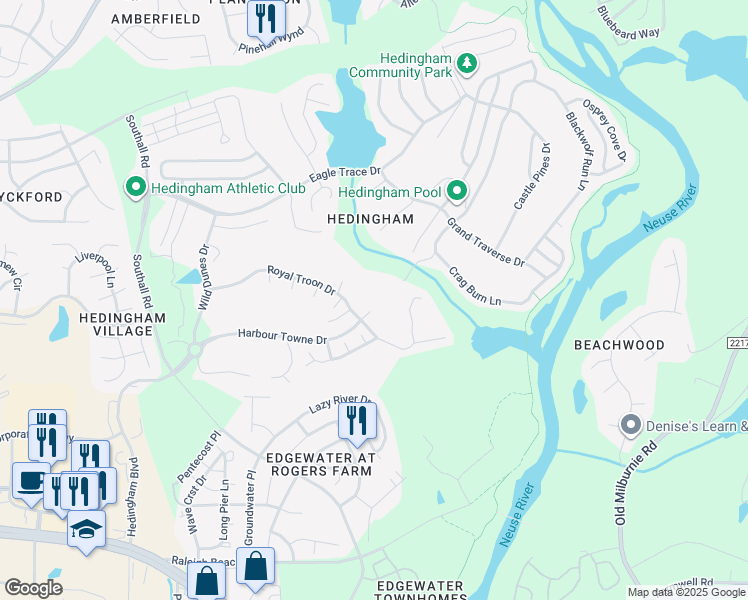 map of restaurants, bars, coffee shops, grocery stores, and more near 1806 Crystal Downs Lane in Raleigh