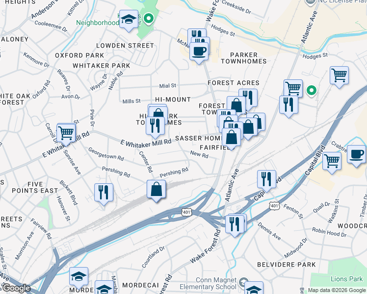 map of restaurants, bars, coffee shops, grocery stores, and more near 635 New Road in Raleigh