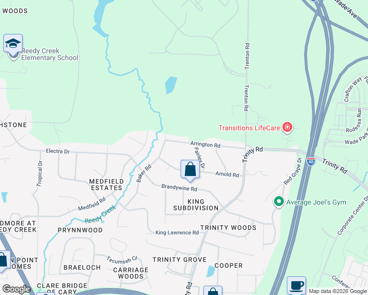map of restaurants, bars, coffee shops, grocery stores, and more near 6417 Arrington Road in Raleigh