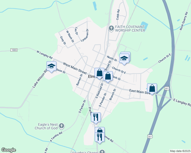 map of restaurants, bars, coffee shops, grocery stores, and more near in Elm City