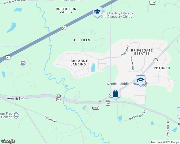 map of restaurants, bars, coffee shops, grocery stores, and more near 5878 Sandpiper Farm Lane in Wendell