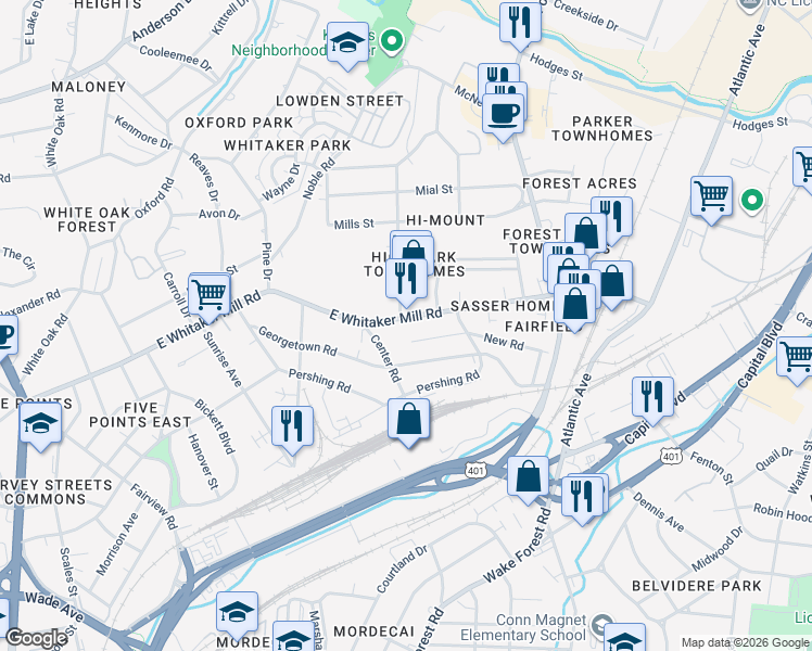 map of restaurants, bars, coffee shops, grocery stores, and more near 618 East Whitaker Mill Road in Raleigh