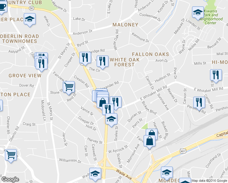 map of restaurants, bars, coffee shops, grocery stores, and more near 1827 White Oak Road in Raleigh