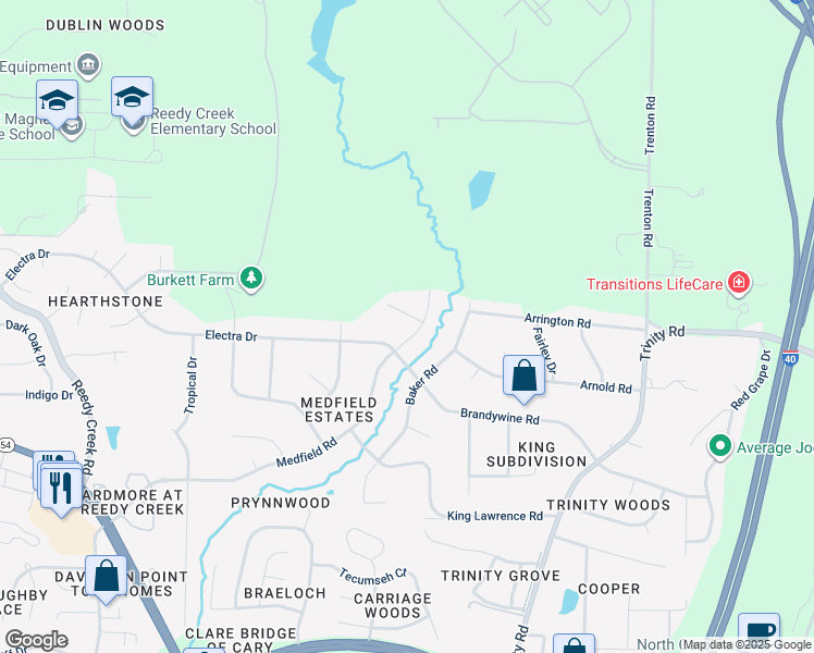 map of restaurants, bars, coffee shops, grocery stores, and more near 1815 Medfield Road in Raleigh