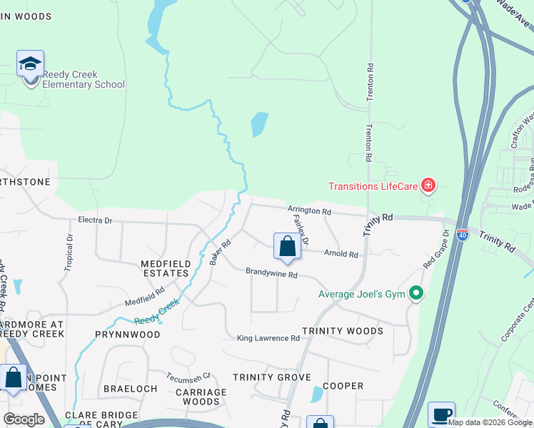 map of restaurants, bars, coffee shops, grocery stores, and more near 6417 Arrington Road in Raleigh