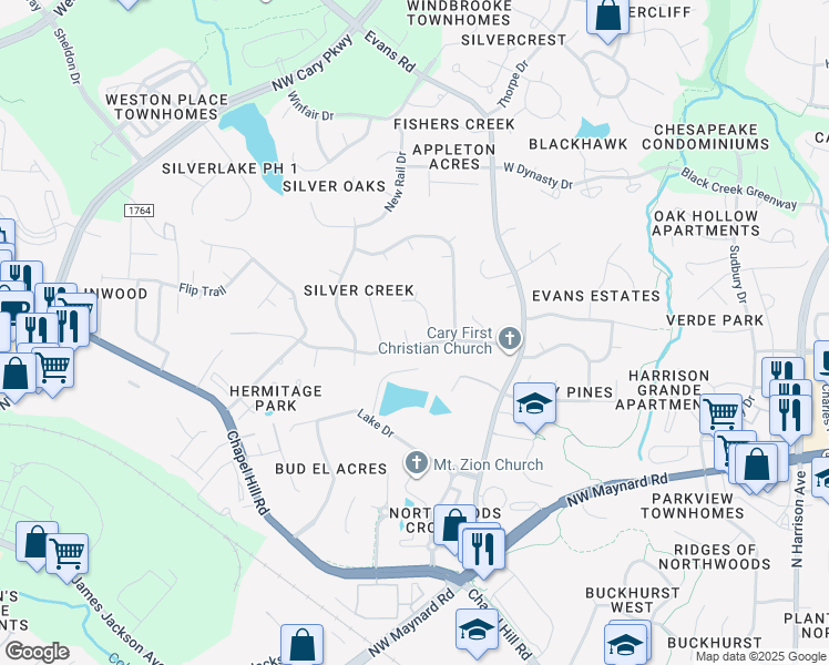 map of restaurants, bars, coffee shops, grocery stores, and more near 102 Amber Creek Circle in Cary