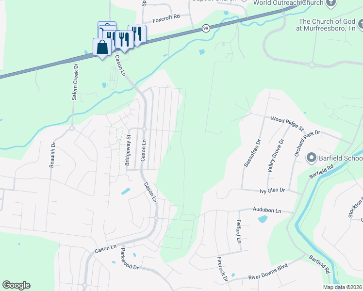 map of restaurants, bars, coffee shops, grocery stores, and more near 154 Spence Creek Lane in Murfreesboro
