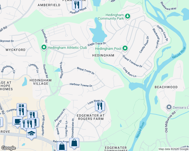 map of restaurants, bars, coffee shops, grocery stores, and more near 5012 Royal Troon Drive in Raleigh