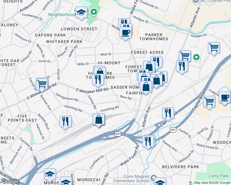 map of restaurants, bars, coffee shops, grocery stores, and more near 635 New Road in Raleigh