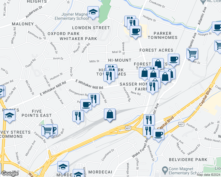 map of restaurants, bars, coffee shops, grocery stores, and more near 620 East Whitaker Mill Road in Raleigh