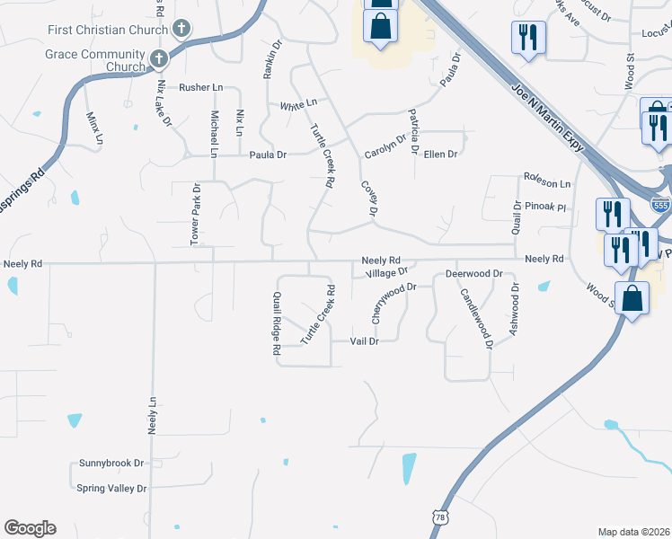 map of restaurants, bars, coffee shops, grocery stores, and more near 2100 Turtle Creek Road in Jonesboro