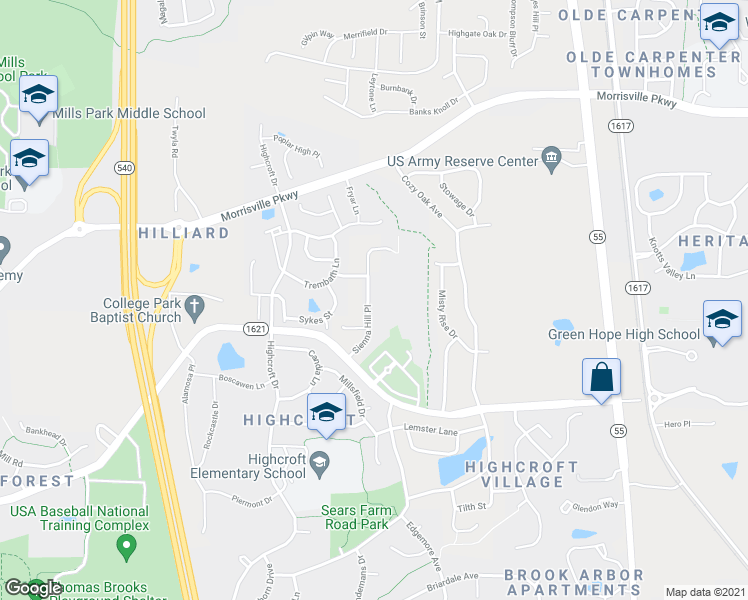 map of restaurants, bars, coffee shops, grocery stores, and more near 3444 Sienna Hill Place in Cary