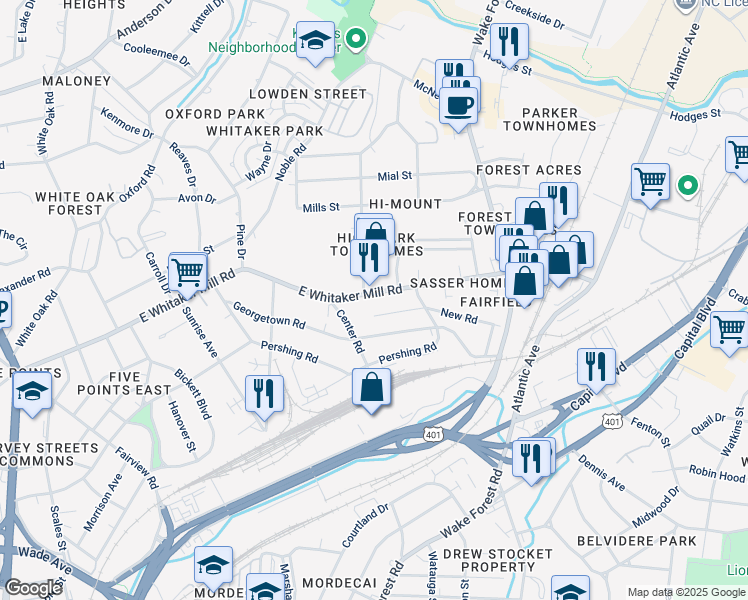 map of restaurants, bars, coffee shops, grocery stores, and more near 620 East Whitaker Mill Road in Raleigh