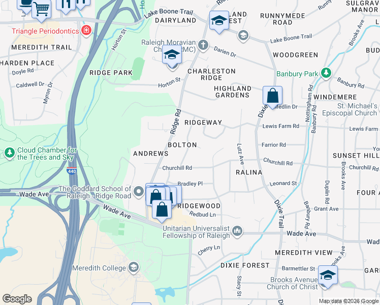 map of restaurants, bars, coffee shops, grocery stores, and more near 1416 Dellwood Drive in Raleigh