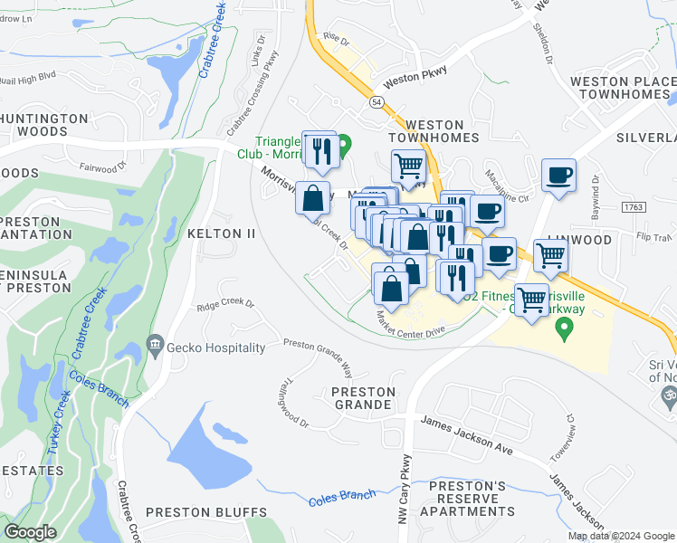 map of restaurants, bars, coffee shops, grocery stores, and more near 3000-3024 Bristol Creek Drive in Morrisville