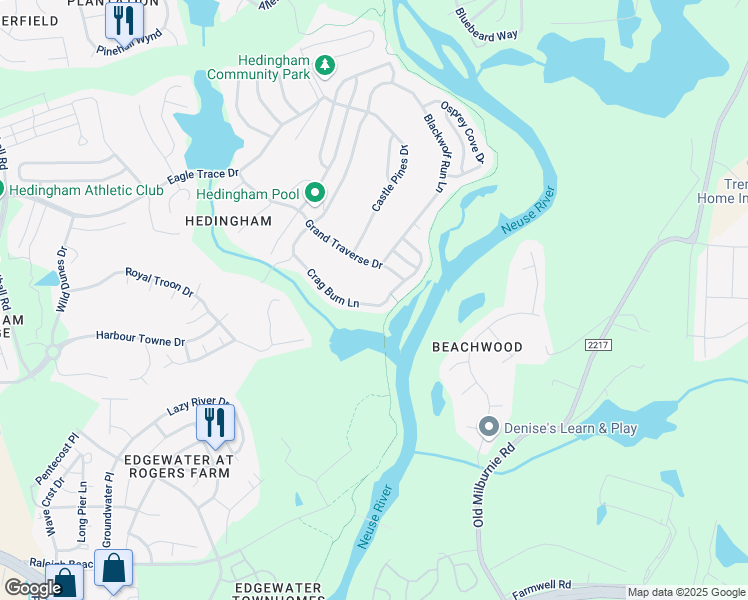 map of restaurants, bars, coffee shops, grocery stores, and more near 1520 Crag Burn Lane in Raleigh