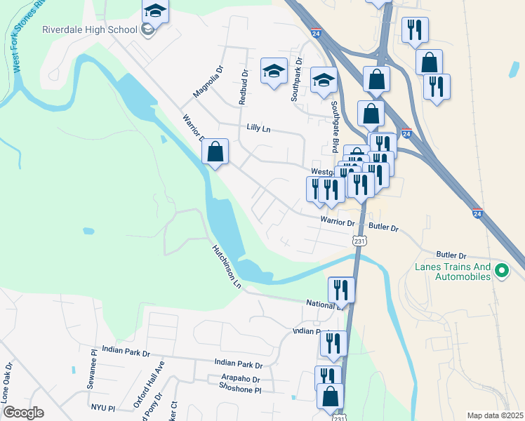map of restaurants, bars, coffee shops, grocery stores, and more near 425 Warrior Drive in Murfreesboro