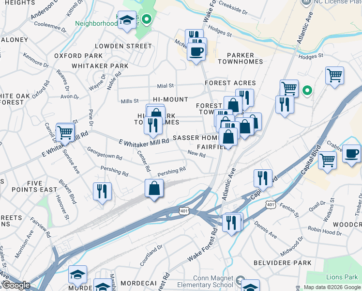 map of restaurants, bars, coffee shops, grocery stores, and more near 635 New Road in Raleigh