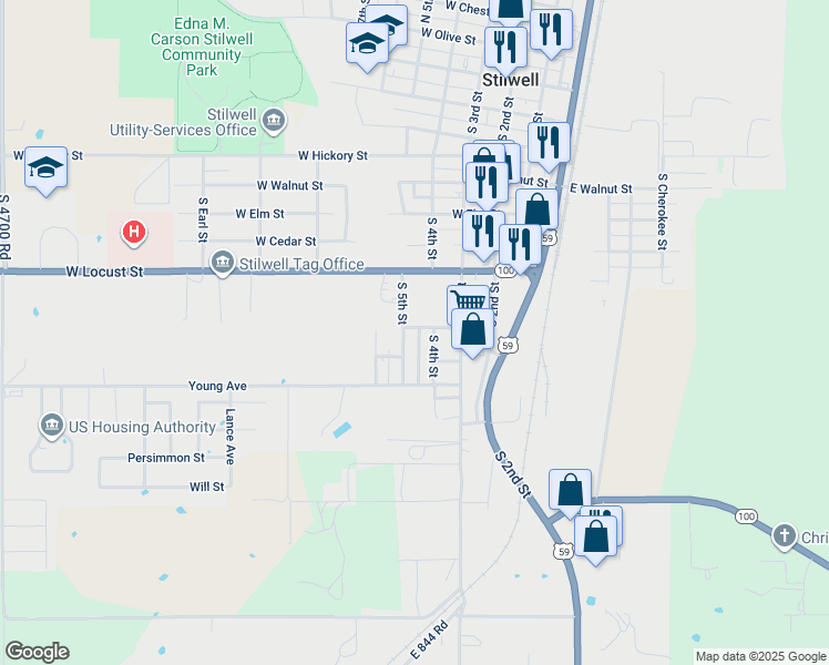 map of restaurants, bars, coffee shops, grocery stores, and more near 800 South 4th Place in Stilwell