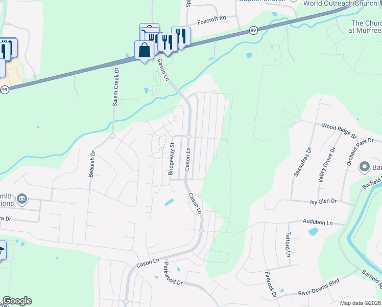 map of restaurants, bars, coffee shops, grocery stores, and more near 2239 Cason Lane in Murfreesboro